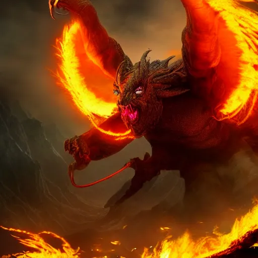 Prompt: a giant balrog from lord of the rings with a fiery whip, cinematic, very detailed, artstation, cgsociety, masterpiece