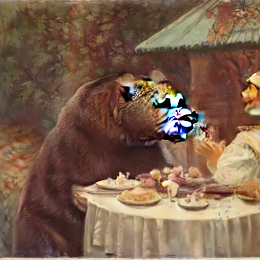 Image similar to polaroid photo of a bear eating cake at his 7 0's birthday at a zoo, highly detailed painting by gaston bussiere, craig mullins, j. c. leyendecker