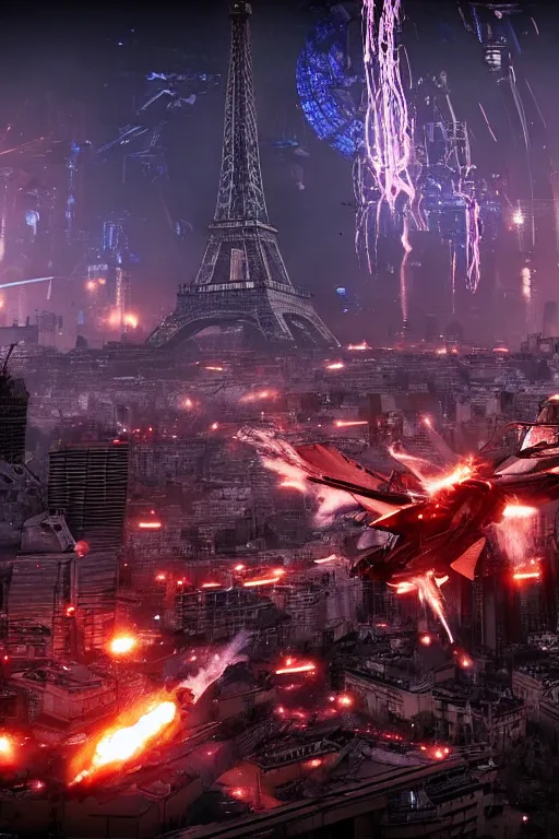 Prompt: paris cyberpunk attacked by aliens, lots of explosions, realistic, high definition, many details, dramatic scene, detailed and realistic hands, symmetrical face, realistic eyes, art of unreal engine 5