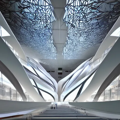 Prompt: stunning beautiful futuristic museum interior by Coop Himmelblau, Zaha Hadid, dragonfly wings pattern