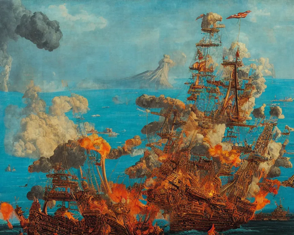 Prompt: a massive pirate ship sailing through the islands of Thailand, heading towards an erupting volcano. intricate, vibrant, turquoise, Raphael, Hasui Kwase, Rene Margritte, John Martin.