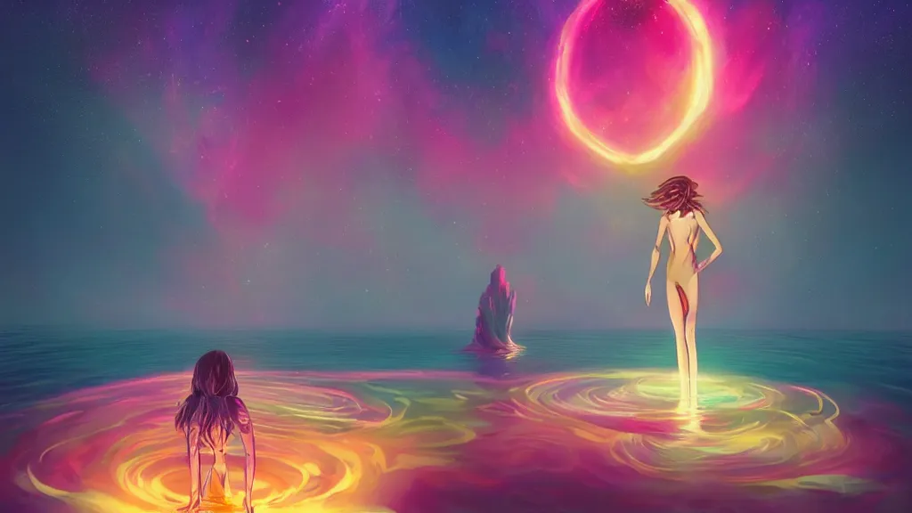 Prompt: one beautiful whimsical goddess standing in a lake basking in the moonlight, underneath a multi-colored binary blackhole with an accretion disc, glowing trails following her arms, synthwave, by Lois van Baarle, by Greg Rutkowski, by artgerm, by beeple, by studio ghibli, cinematic angle, volumetric lighting, 4k resolution, octane render, trending on artstation, masterpiece