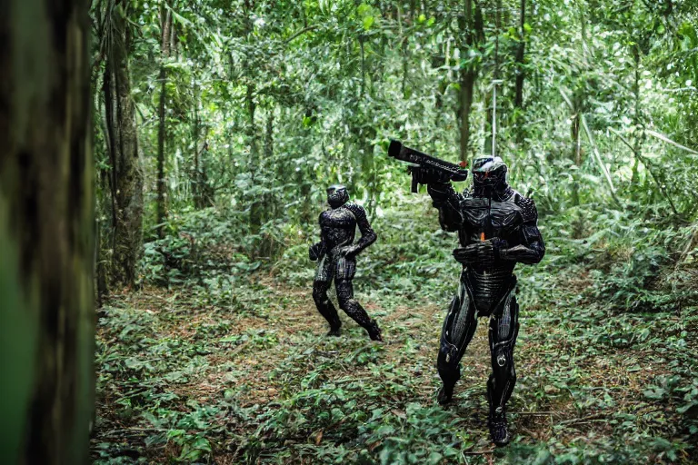 Image similar to Crysis Nanosuit shooting at enemies in a jungle combat photography 2022, Canon EOS R3, f/1.4, ISO 200, 1/160s, 8K, RAW, unedited, symmetrical balance, in-frame,