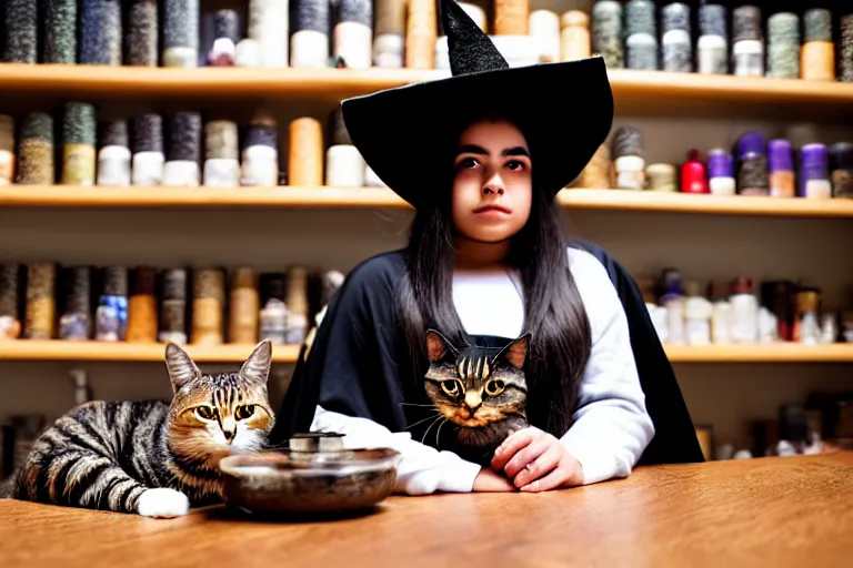 Image similar to 2 0 2 2 photo, close up portrait, dramatic lighting, concentration, calm confident hispanic teen witch and her cat, tarot cards displayed on the table in front of her, sage smoke, magic wand, a witch hat and cape, apothecary shelves in the background, alphonse mucha