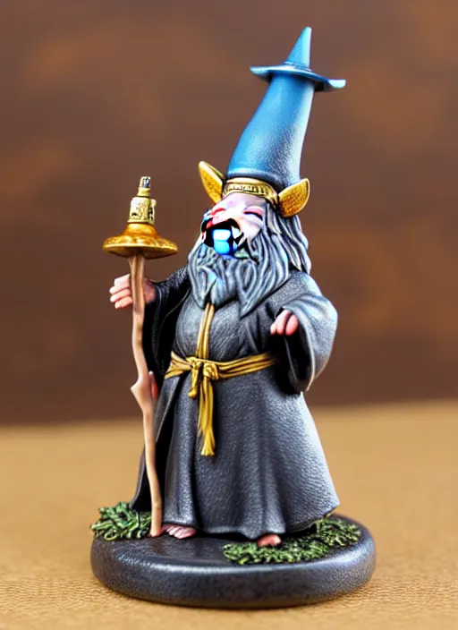 Prompt: 8 0 mm resin detailed miniature of pig wizard with wizards hat and robe holding a staff high above his head, product introduction photos, 4 k, full body,