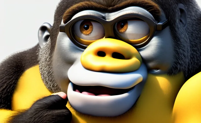 Prompt: gorilla as gru ( despicable me ) on glue bottle, hyperrealistic, concept art, octane render, unreal engine 5, trending on artstation, high quality, highly detailed, 8 k hdr, product photo, centered, minions background, soft lighting, path traced, low contrast, high coherence, symmetrical