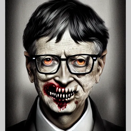 Image similar to a zombie Bill Gates, by WLOP, horror, wounds, bloody, dark fantasy, trending on artstation