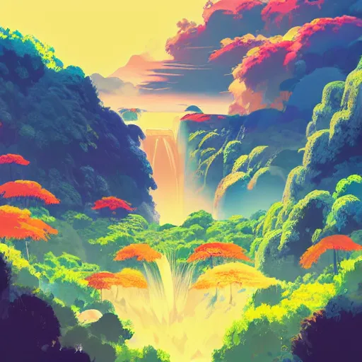 Image similar to landscape of an anime style with tropical flowers and volcanos, waterfalls bright colors, bird eye view, bove rule of thirds golden ratio, fake detail, trending pixiv fanbox, acrylic palette knife, style of makoto shinkai studio ghibli genshin impact james gilleard greg rutkowski chiho aoshima