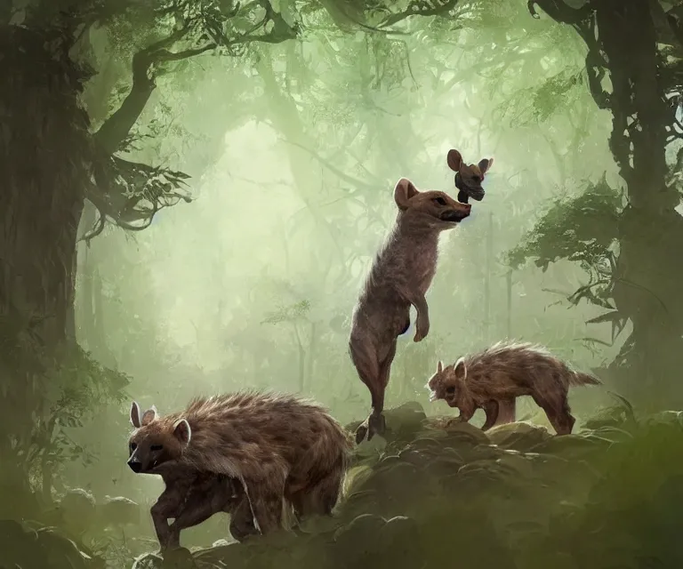 Image similar to a beautiful painting of a cute brown hyena and a gray otter in a forest. disney character design by cory loftis, fenghua zhong, ryohei hase, ismail inceoglu and ruan jia. artstation, volumetric light, detailed, photorealistic, rendered in octane