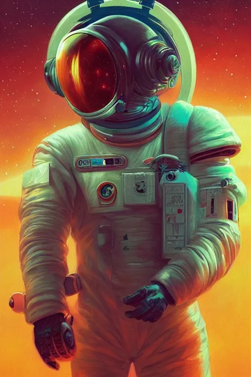 Image similar to a poster design of a faceless cyberpunk astronaut wearing headphones in space, universe, cyberpunk, warm color, Highly detailed labeled, poster, peter mohrbacher, featured on Artstation