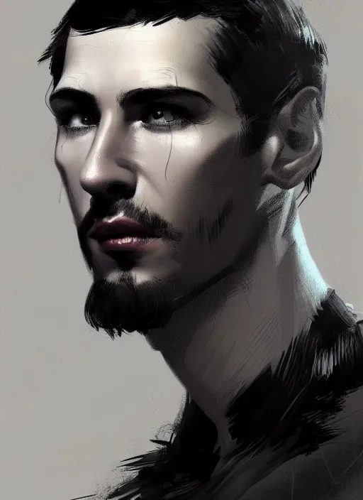 Image similar to portrait of a man with a roman nose and a confident expression, 1 9 6 0 s, black clothes, punk, funk, intricate, elegant, highly detailed, digital painting, artstation, concept art, smooth, sharp focus, illustration, art by wlop, mars ravelo and greg rutkowski