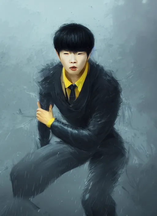 Image similar to a highly detailed illustration of korean man with bowl cut black hair wearing tie with giant black claws, wielding giant black fog claws pose, yellow eyes, tired expression, foggy black mist surrounding background, intricate, elegant, highly detailed, centered, digital painting, artstation, concept art, smooth, sharp focus, league of legends concept art, wlop.