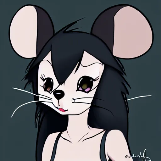 Image similar to headshot of young cartoon female mouse, healthcliff style, cute, fantasy, intricate, long hair, dark grey skin, mouse face, furry mouse, dark skin, mouse head, mouse ears, black hair, elegant, cartoony, furry Deviantart art of the day, furry character, character art, smooth, sharp focus, illustration, art by adoptables