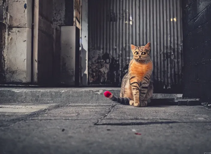 Image similar to photography of a Cat sitting on a box. in a cyberpunk street, award winning photo, colors, 100mm, sharp, high res