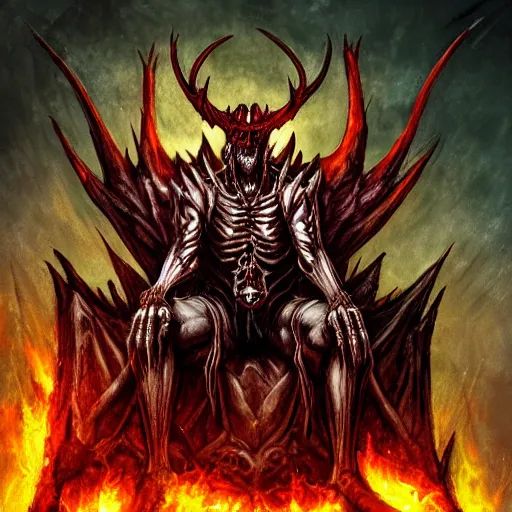 Prompt: demon lord on his throne of horns, bones and thorns | fantasy art | hellish