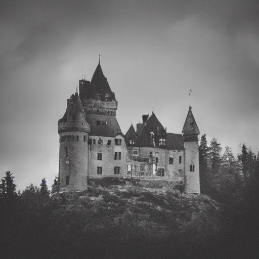 Prompt: an old grey castle in the middle of the forest, photography, moody, low contrast, 3 5 mm, film grain