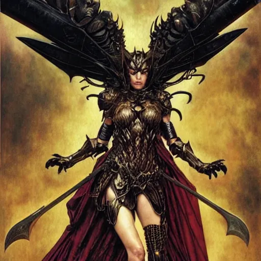 Image similar to head and shoulders portrait of an armored erinyes devil with huge bat wings, portrayed by gal gadot, d & d, fantasy, luis royo, magali villeneuve, donato giancola, wlop, krenz cushart, hans zatka, klimt, alphonse mucha