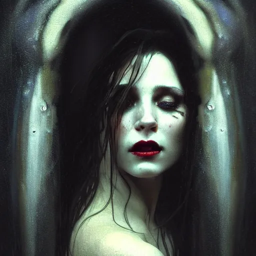 Image similar to hyperrealistic portrait of a woman as a vampire witch tears sorrow makeup dramatic in a black coat reflection in a stone mirror while it's heavily raining. by jeremy mann and alphonse mucha, fantasy art, photo realistic, dynamic lighting, artstation, poster, volumetric lighting, very detailed faces, 4 k, award winning