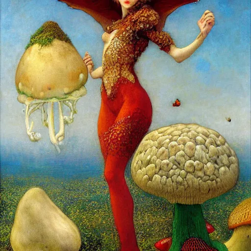 Image similar to masterpiece full body portrait of a fairy woman with a perfect body dancing atop a giant amanita muscaria mushroom cap, by Edgar Maxence and Ross Tran and Michael Whelan and Gustav Klimpt