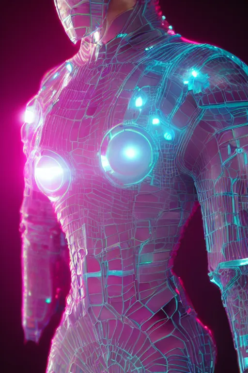 Image similar to futuristic translucent aquamarine cyber body armour, intricate, glowing, eyecandy, colorful, 3 d, octane render, photorealistic, modern, warp,
