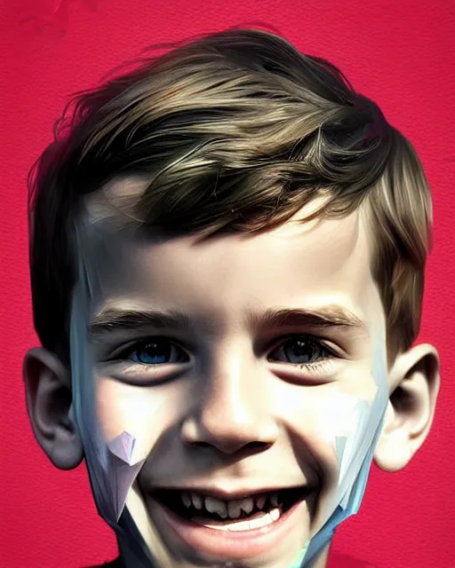 Image similar to digital art of smiling boy, shards of time, face portrait, centered portrait, illustration, highly detailed, simple, no jagged lines, smooth, artstation, artwork by obey, artwork by sandra chevrier