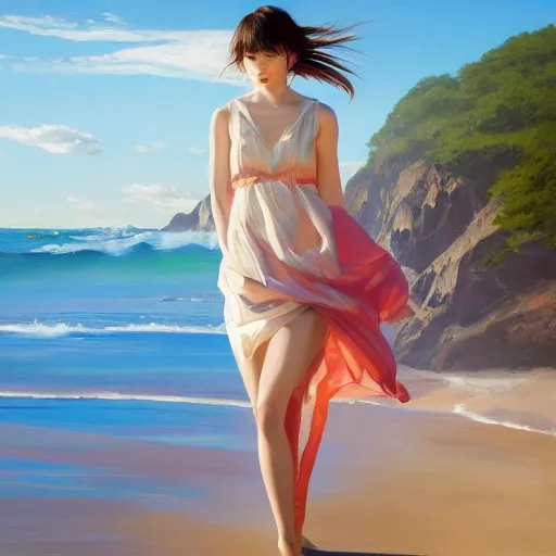 Image similar to oil painting by ilya kuvshinov,, baugh casey, artgerm craig mullins, coby whitmore, of a youthful japanese girl, long hair, wet sundress walking along the coast, highly detailed, breathtaking face, studio photography, noon, intense bounced light, water reflection, large tree casting shadow, serine intense sunlight in the style of zack snyder