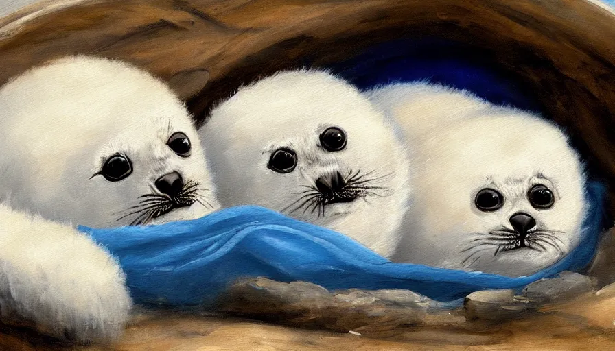 Prompt: highly detailed painting of cute furry white baby seals cuddled up in an igloo by william turner, thick brush strokes and visible paint layers, 4 k resolution, blue and white colour scheme