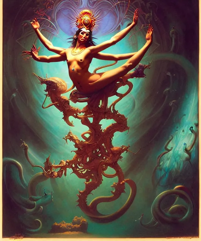 Image similar to shiva dancing in a futuristic holographic displays in the style of peter mohrbacher, wayne barlowe, gustav moreau, bussiere, roberto ferri, santiago caruso, luis ricardo falero, austin osman spare,