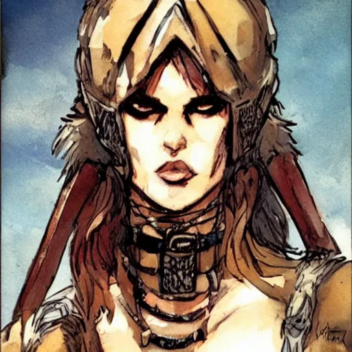 Image similar to very beautiful female barbarian, looking fierce, perfect face, perfect body drawn by ashley wood