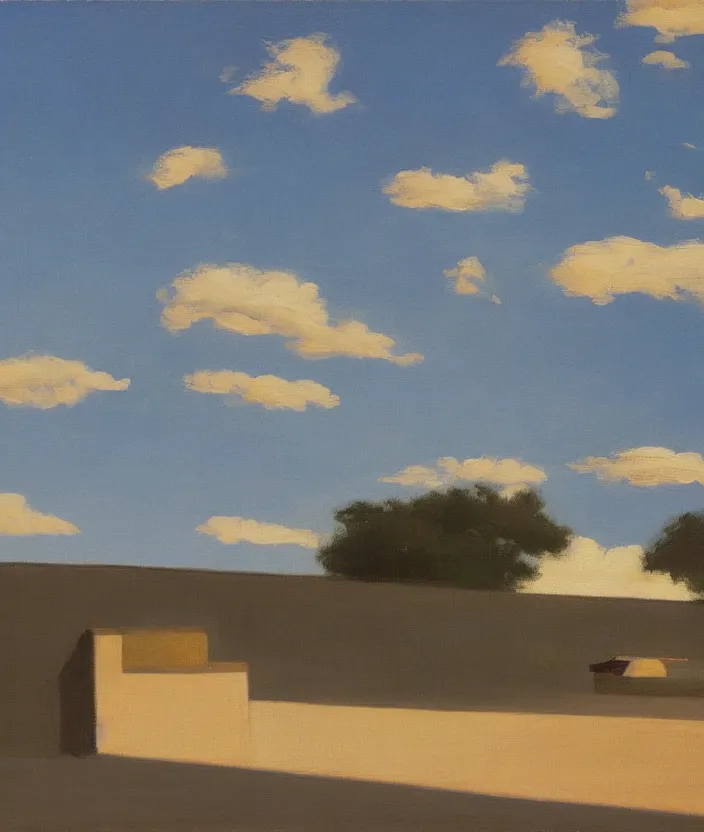 Image similar to a painting of a blue sky with aesthetic clouds, very fine brush strokes, in the style of edward hopper, 4 k,