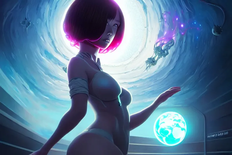 Image similar to azathoth girl save the earth, occlusion shadow, specular reflection, rim light, unreal engine, artgerm, artstation, art by hiroaki samura and ilya kuvshinov and ossdraws, intricate, highly detailed 8 k, surrealistic fantasy illustration, cosmic horror, box office hit, movie poster