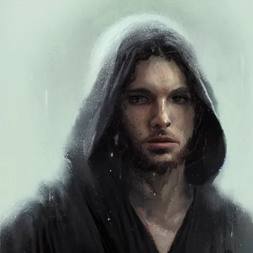 Image similar to portrait of a man by greg rutkowski, british features, messy black long hair, black robes, star wars expanded universe, he is about 2 0 years old, wearing jedi robes, highly detailed portrait, digital painting, artstation, concept art, smooth, sharp foccus ilustration, artstation hq