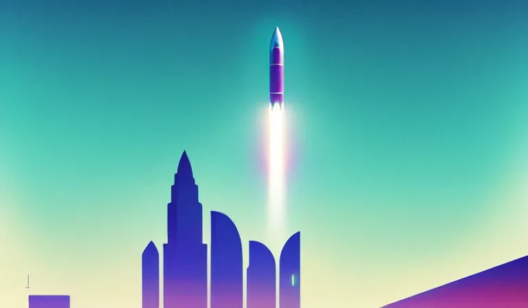 Image similar to a beautiful, minimal. sharp focus, and immaculate overcast futuristic spaceport. vaporwave ombre rendering. outrun style. rocket on the launch pad in the style of a travel poster. trending on artstation. recommended for you behance. by chris moore. by edward hopper. ambient occlusion. digital matte painting. metropolis filmic. gotham city.