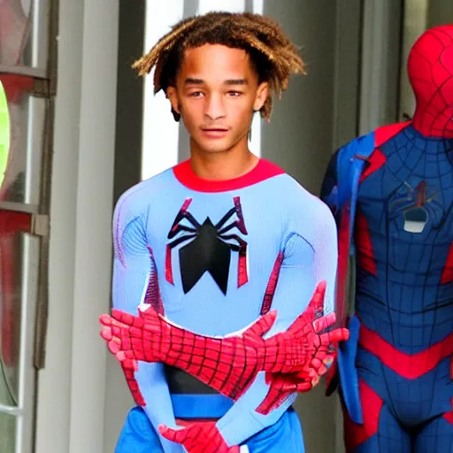 Image similar to jaden smith as spiderman, jaden smith wearing the spiderman suit