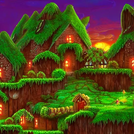 Image similar to A fantastical village inhabited by fairies, side-scrolling 2d platformer game level, swirling clouds, fantasy magical vegetation, dramatic dusk sun illuminates areas, volumetric light , detailed, rich color, upscale , 8k