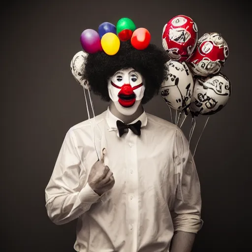 Image similar to a vintage studio portrait of a sad clown with balloons behind him, black background, chiaroscuro lighting, close up portrait, shallow depth of field, 8 0 mm, f 1. 8