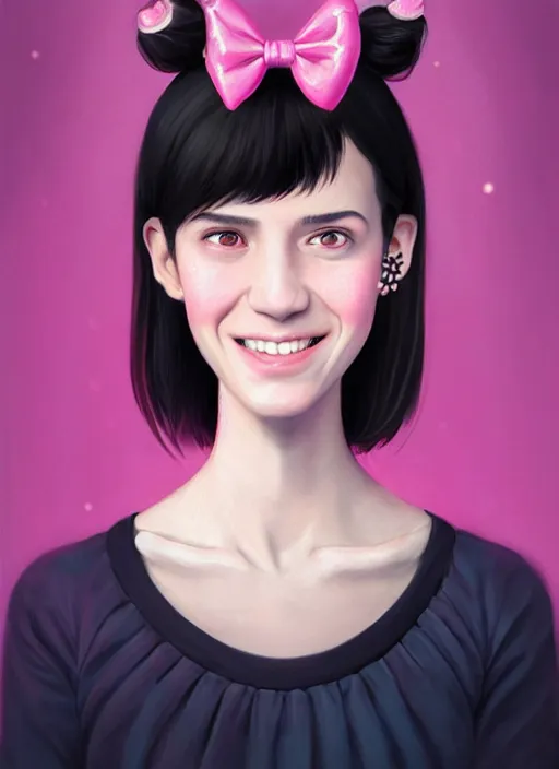 Image similar to portrait of high school girl, realistic, black hair, bangs, half updo hairstyle, pointy nose, skinny, smile, ugly, defined jawline, big chin, pink hair bow, earrings, intricate, elegant, glowing lights, highly detailed, digital painting, artstation, sharp focus, illustration, art by wlop, mars ravelo and greg rutkowski