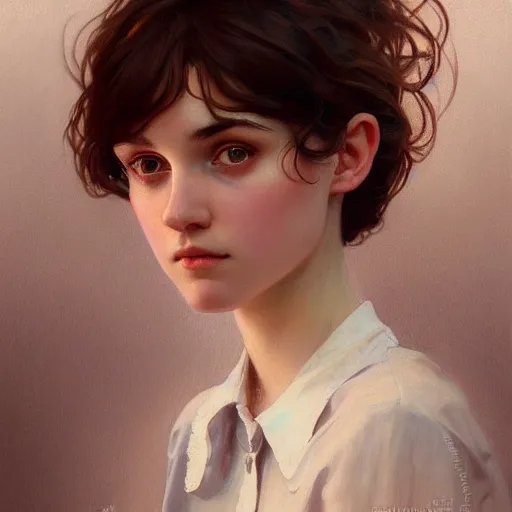 Image similar to portrait of a welsh teenage girl with brown hair, glowing skin, delicate features, amelie poulain, fantasy, intricate, elegant, dress shirt, highly detailed, digital painting, artstation, concept art, smooth, sharp focus, illustration, art by Krenz Cushart and Artem Demura and alphonse mucha