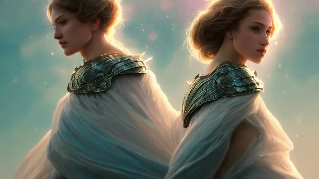 Prompt: one angel, big wings, low key light, full plate armor with cloth, f 1 6, bokeh, extreme close up portrait, gentle, female, mountain, storm, god rays, landscape, d & d, fantasy, elegant, teal pink white gold color palette, concept art, artgerm and greg rutkowski and alphonse mucha