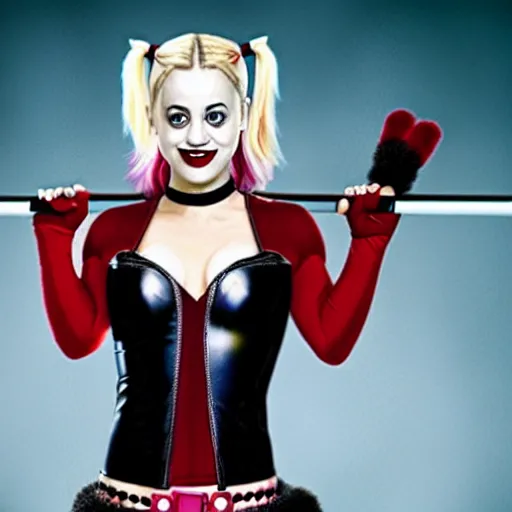 Image similar to A still of Kaley Cuoco as Harley Quinn