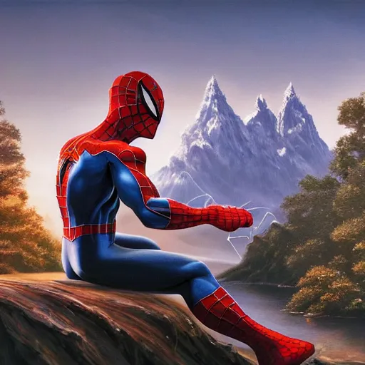 Image similar to a closeup photorealistic photograph of bob ross working on a canvas painting of spiderman. film still. brightly lit scene. mountains and trees. this 4 k hd image is trending on artstation, featured on behance, well - rendered, extra crisp, features intricate detail, epic composition and the style of unreal engine.