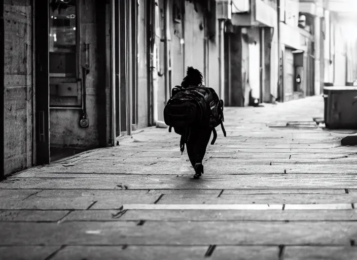 Image similar to photography of a Cat carrying a backpack . in a cyberpunk street. award winning photo, led lighting, night, 24mm, sharp, high res