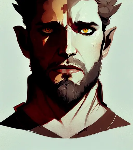 Image similar to portrait of cullen from dragon age with golden eyes, dark hair by atey ghailan, by greg rutkowski, by greg tocchini, by james gilleard, by joe fenton, by kaethe butcher, dynamic lighting, gradient light blue, brown, blonde cream and white color scheme, grunge aesthetic