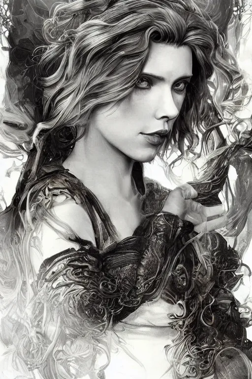 Image similar to portrait of scarlett johansson, long hair, fantasy, elegant, intricate, full frontal shot, highly detailed, digital painting, artstation, concept art, sharp focus, illustration, art by artgerm and greg rutkowski and alphonse mucha