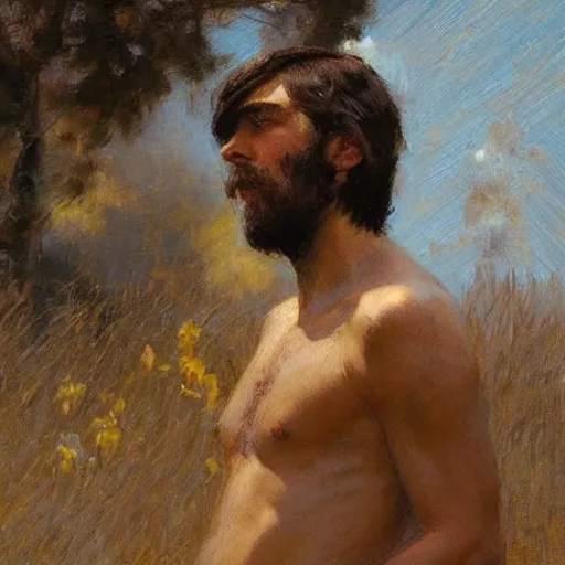 Image similar to a man with a textured crop with heavy fringe haircut, painting by Gaston Bussiere, Craig Mullins