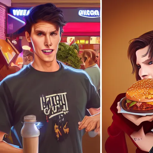 Image similar to youtuber jerma 9 8 5 ordering fastfood, highly detailed, digital painting, artstation, sharp focus, illustration, art by tan zi and ayanamikodon, artgerm and alphonse mucha and wlop