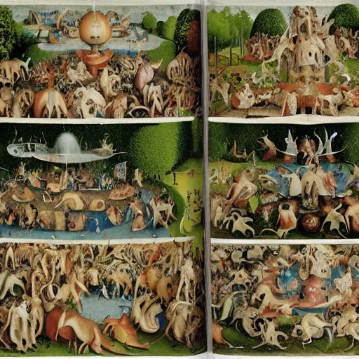 Image similar to a photorealistic details of a bosch garden of earthly delights taken by martin parr