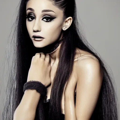 Prompt: photo of ariana grande in goth make - up, ultra realistic, modeling studio, yoga pose, highly detailed, photorealistic, 8 k, by jingna zhang