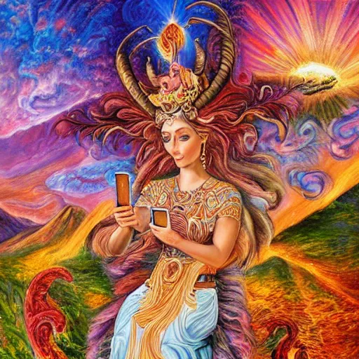 Image similar to a painting by josephine wall depicting a goddess riding a ram while checking her cell phone, erupting volcano and sunrise in distance in background, flowers in foreground, acrylic on canvas, intricately detailed, high resolution, trending on artstation