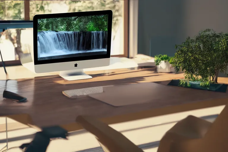 Image similar to a computer at desk, waterfalls, octane render, vray, dynamic lighting,